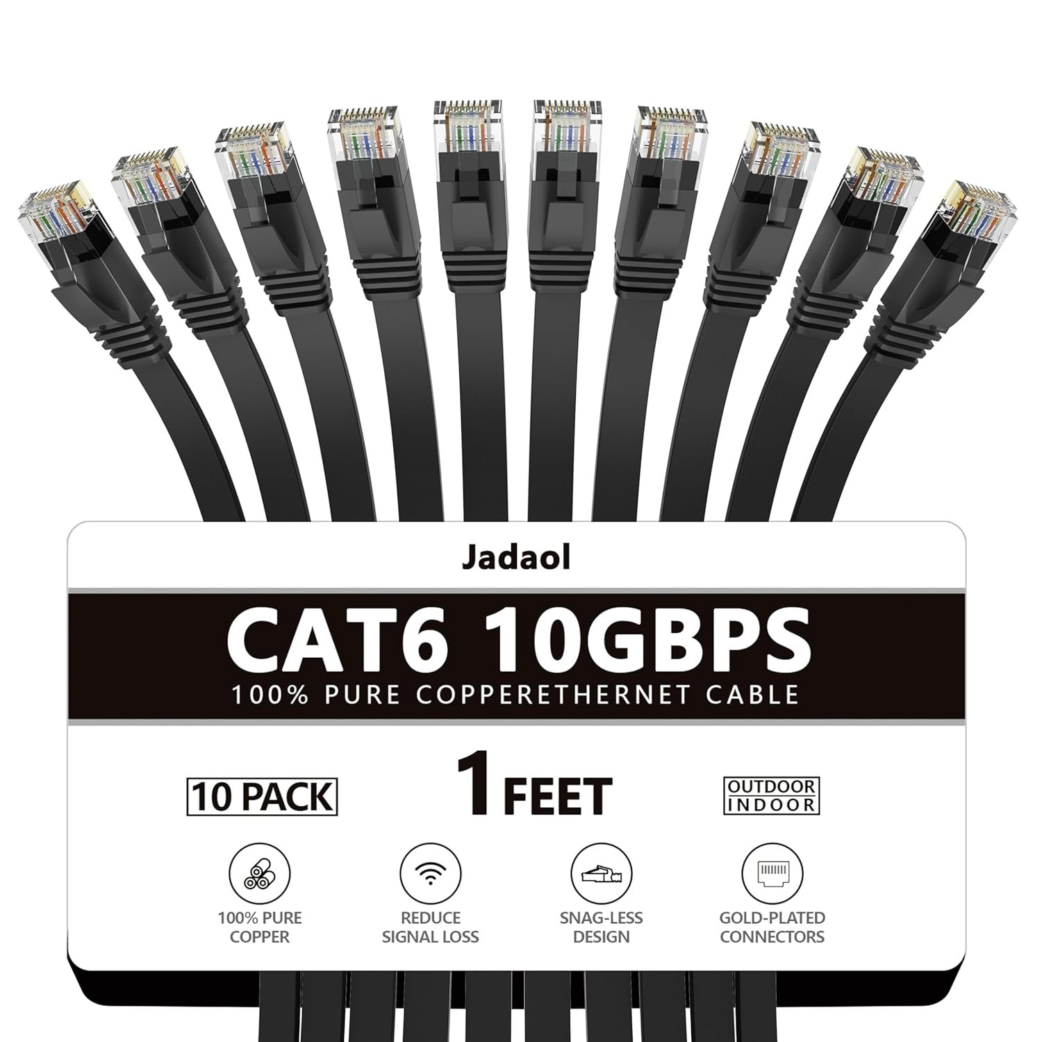 Jadaol Cat 6 Ethernet Cable 1ft Flat Black